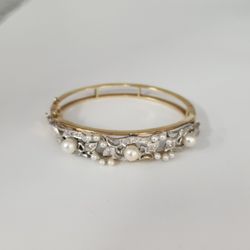 Vintage 14k Two Tone Gold Diamond Pearls Bangle Bracelet