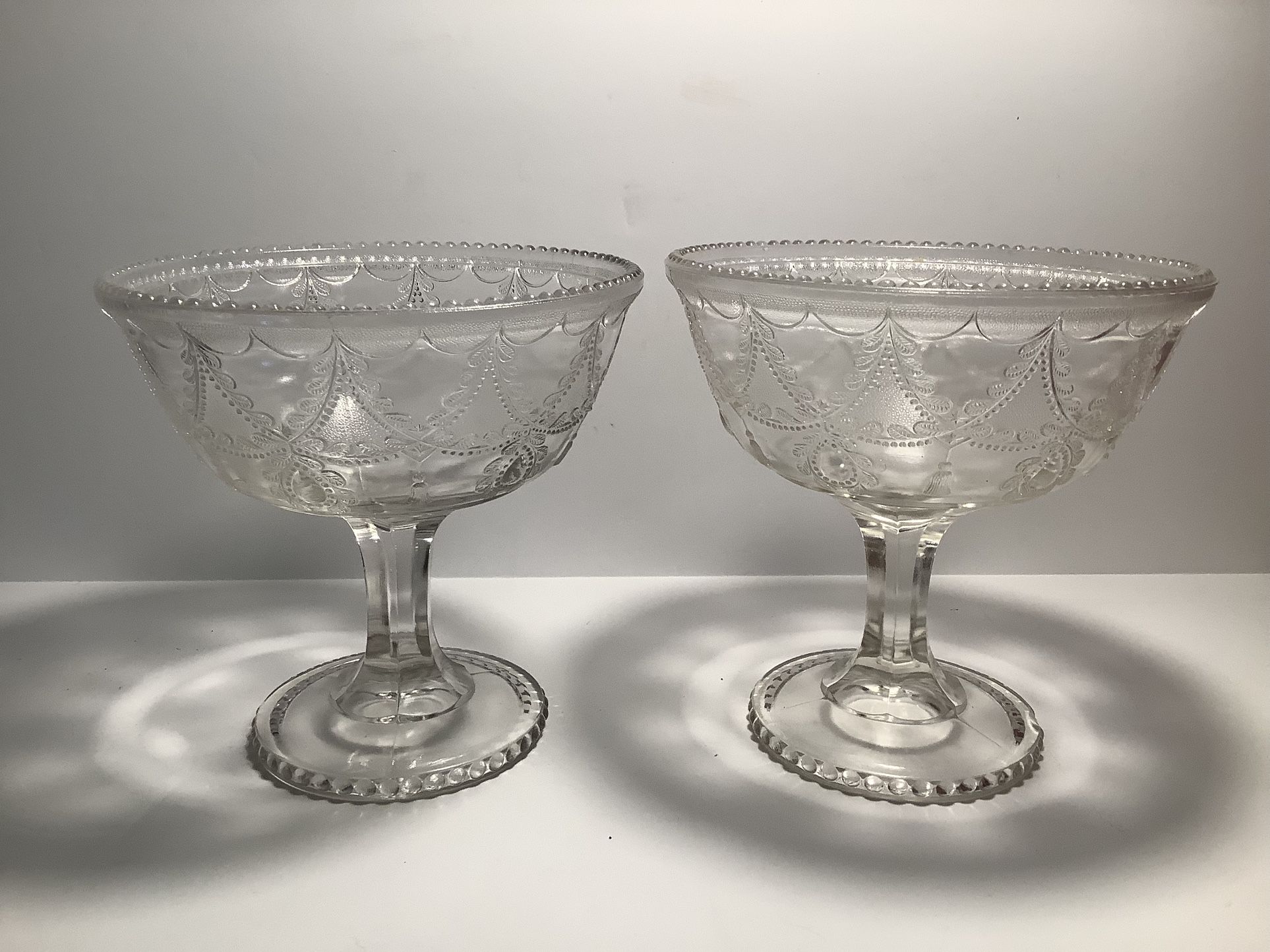 2 ANTIQUE EAPG NATIONAL GLASS CO. (BEATTY- BRADY GLASS WORKS) Venus (OMN) AKA JEWEL FESTOON PEDESTAL SERVING BOWLS