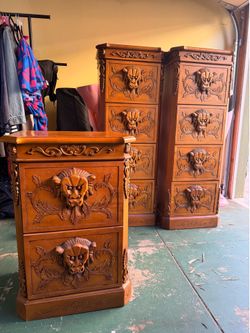 Hand carved wood file cabinet
