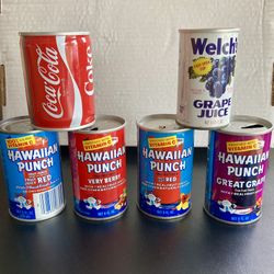 Vintage 1970’s 5 Oz And 8 Oz Hawaiian Punch, Coca Cola And Welch Brand Soda Pop Cans. 