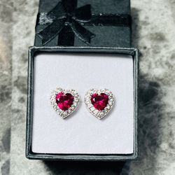 ✨ Lab Created Red Ruby Sterling Silver Heart Studs 💝✨