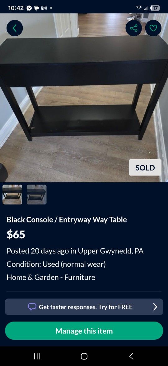 Black Console / Entryway Way Table