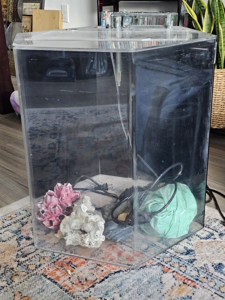 30 Gallon Hexagon Aquarium With Stand, Filter, Decorations, Black Sand, And Heater 42H×18W