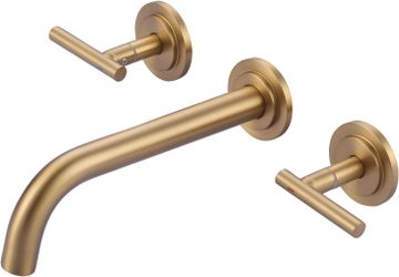 Wall Mount Bathroom Faucet Gold Wall Faucet High Flow Two Handles Stainless Steels,Long Spout Reach, Rough-in Valve 3 Holes Elegant Classic Spout