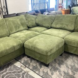 New 99x99 Sage Corduroy Sectional Couch With Ottoman / Free Delivery 
