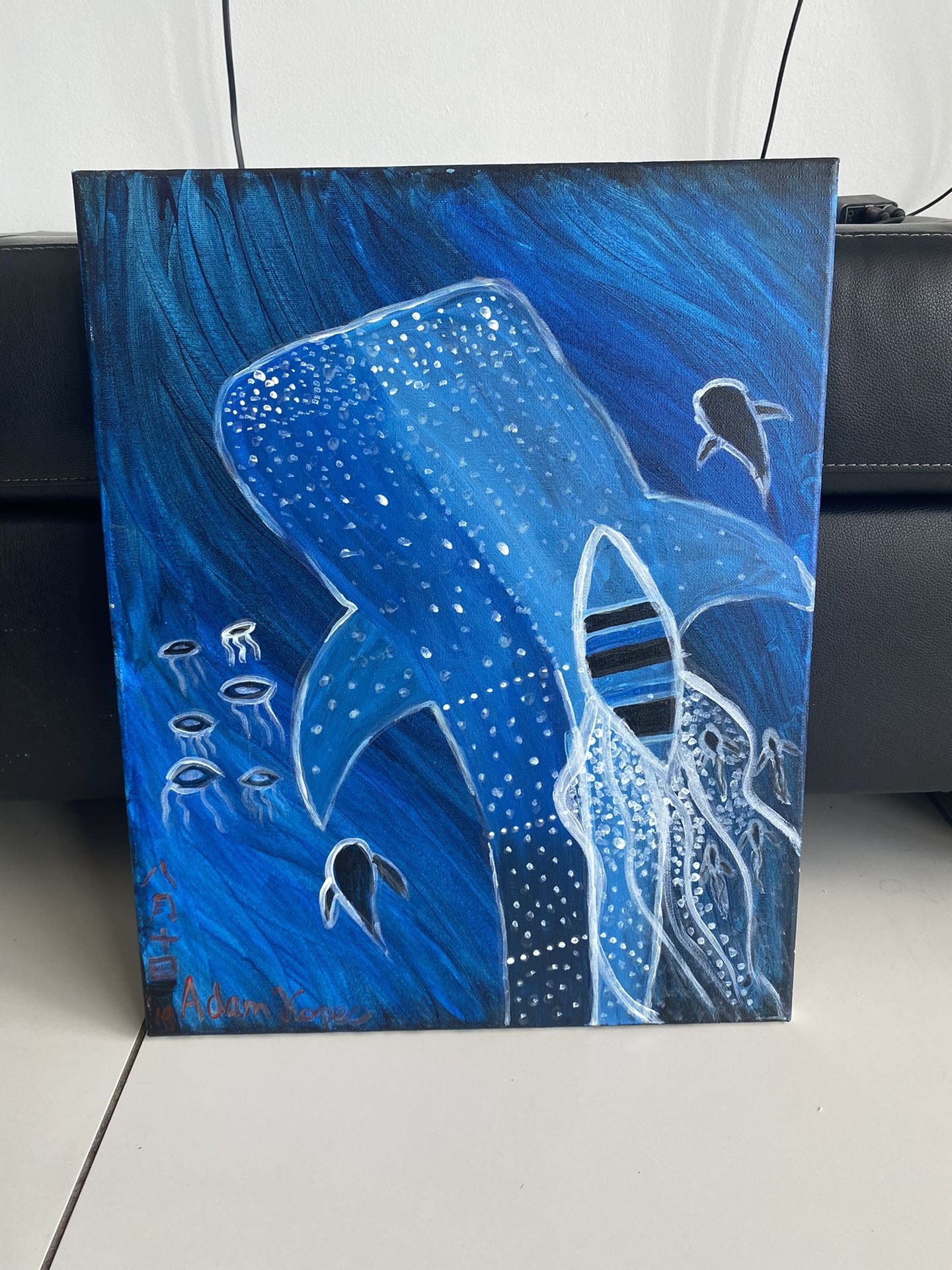 20”x16” Moby Dick Inspired Local Canvas Painting Whale Fish Water Boat Blue Jellyfish