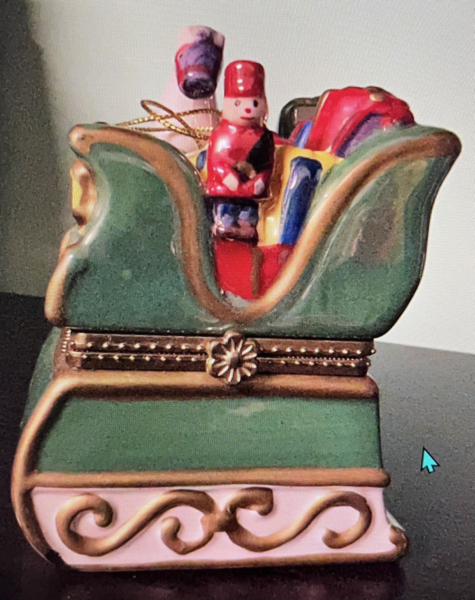 Mr. Christmas Hinged Porcelain Music Box Sleigh Ornament w/Animated Scene