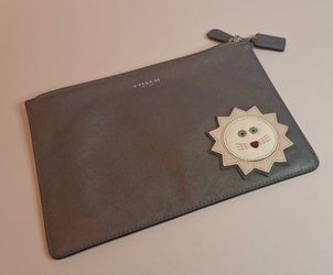 Coach Pewter Darcy Leather Lion Zippered Clutch #F62855-NWOT