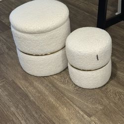 Faux Fur Round Storage Ottoman Upholstered Vanity Stool with Gold Metal Hoop, Ottoman with Storage for Living Room Bedroom Pack of 2 white sturdy