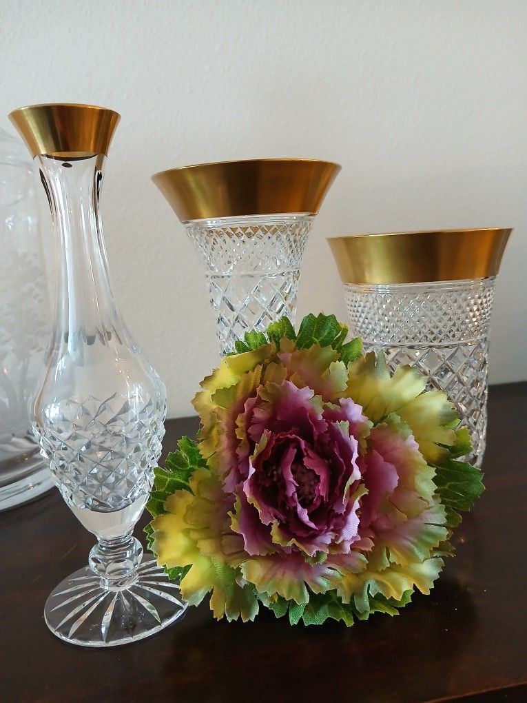 3 small CRYSTAL Vases 5 to 6 " , Diamante cut