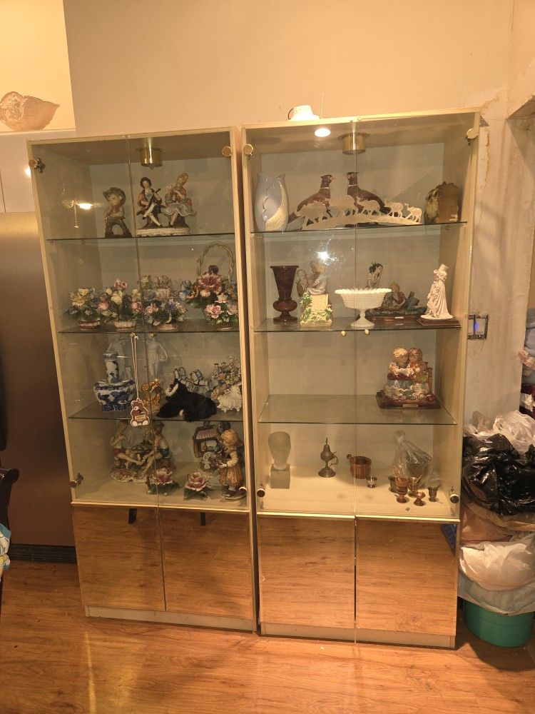 2 vintage glass cabinet china cabinet display case mirror collection showcase