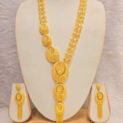 Gold Plated Round Medallion Jewelry Set | African Bridal Necklace Earrings Ring | Women Gold Chain