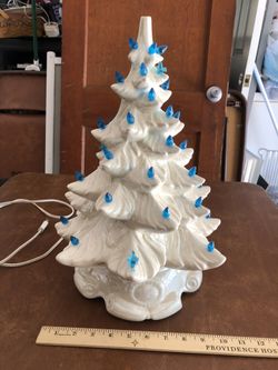 Vintage white with blue lights ceramic Christmas tree & music box