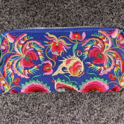 Embroidered Wallet Blue background with floral pattern 8 in X 4 in