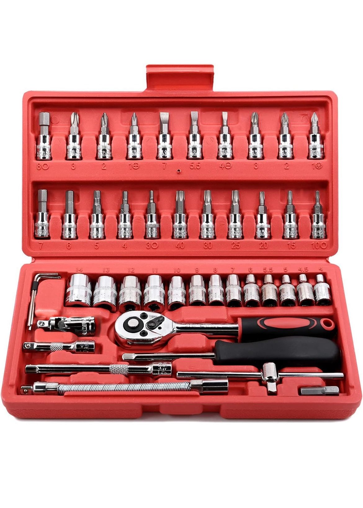 46 Pieces 1/4 inch Drive Socket Ratchet Wrench Set, with Bit Socket Set Metric and Extension Bar for Auto Repairing and Household, with Storage Case