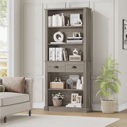 71.8” TALL BOOKSHELF WITH 2 DRAWER, 5 TIER BOOKCASE WITH ADJUSTABLE SHELVES FOR LIVING ROOM STUDY HOME OFFICE, BROWN