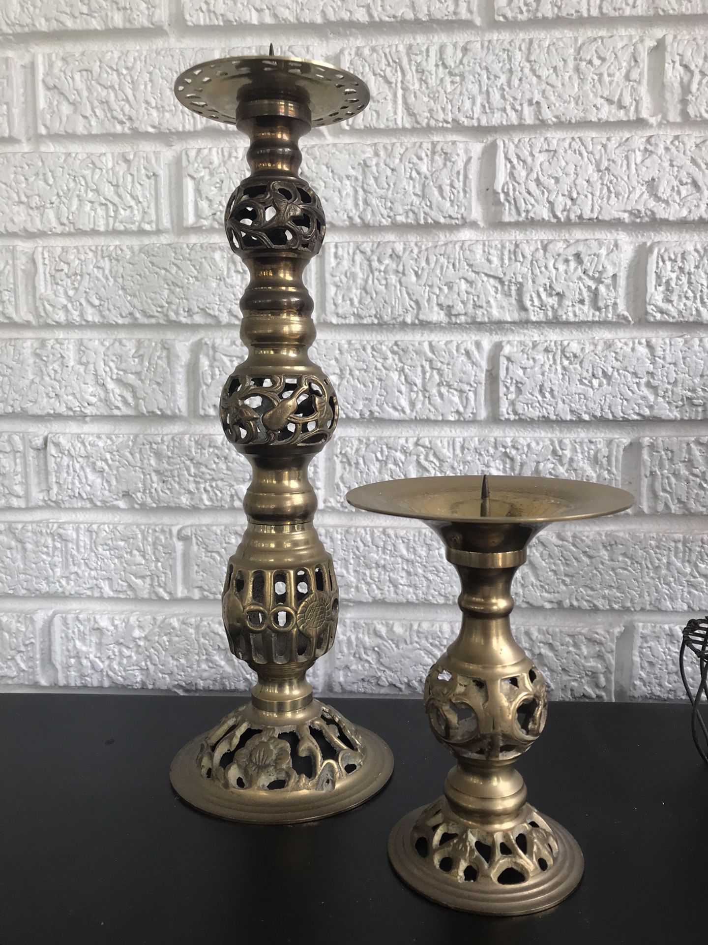 Pair of Elegant Brass Floral Filigree Candle Holders