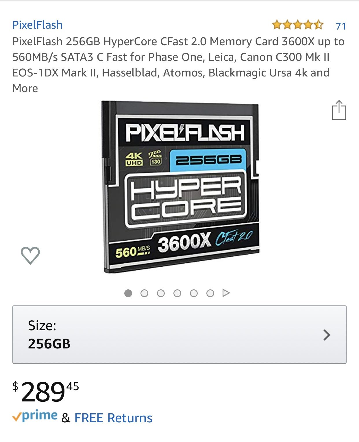 PixelFlash Hypercore CFast 2.0 Memory Card – 3700x, 550MB/s Write, 565MB/s Read, VPG 180
