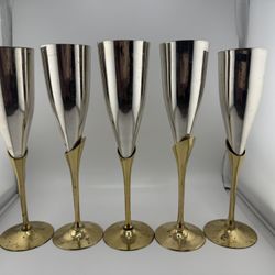 Vintage Set Of 5 Brass Champagne Flutes Wine Glasses Goblets Tulip Design India