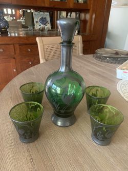 Vintage Green Glass Decanter Set With A Metal Overlay