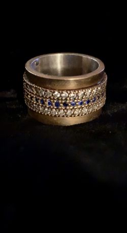 Eternity Band Spinner Blue Sapphire & Crystal Topaz Silver & Bronze Ring Size 6