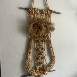 Mid Century Modern 1970s Boho Style Wall Hanging Jute Macrame Owl - 33"