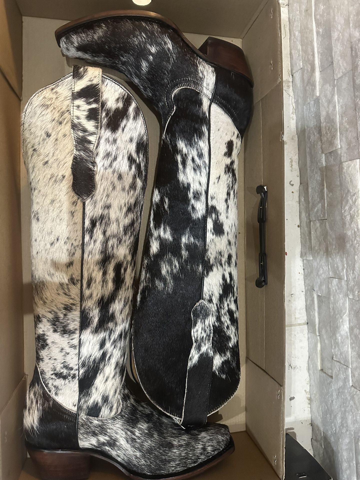 Cowhide Black And White Knee High Cowboy boots