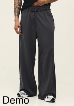boohooMAN Extreme Wide Leg Loopback MAN Script Embroidered Raw Hem Joggers - Charcoal (Small)