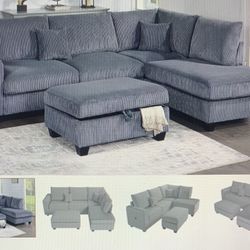 3-piece Sectional Set. W/ USB Port + Storage Ottoman. Fog, Ivory, Black, Gray