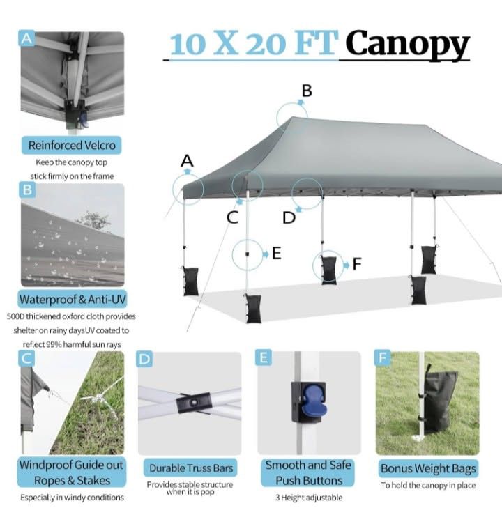 10x20 Pop Up Canopy Tent, Grey Color, Durable Eazy to set up - facil de instalar