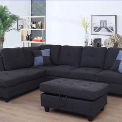 New Black Grey linen Sectional Sofa W/ Free Ottoman And Pillows  New In Original Boxes
