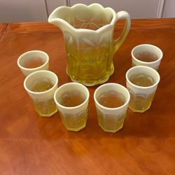  Vaseline Glass Pitcher/ Glasses