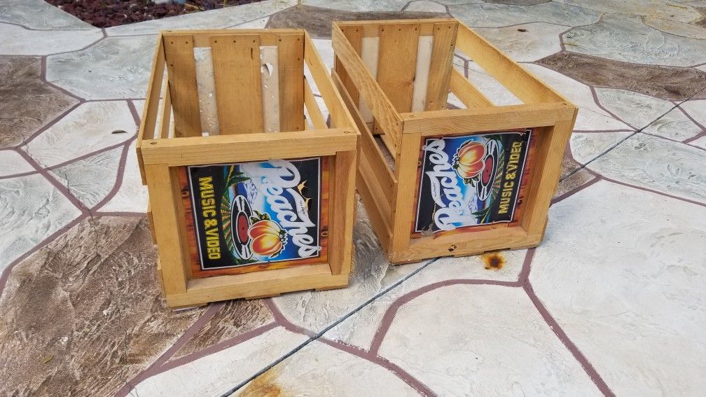 VINTAGE PEACHES MUSIC & VIDEO VINYL RECORD LP WOOD CRATES 24X14X13 $40 EACH