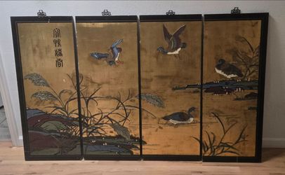 Vintage Chinese Gold Lacquered Panels Ducks Landscape
