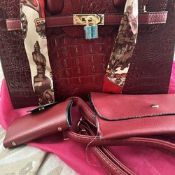 Crocodile Embossed Handbag with wallet and pouch
