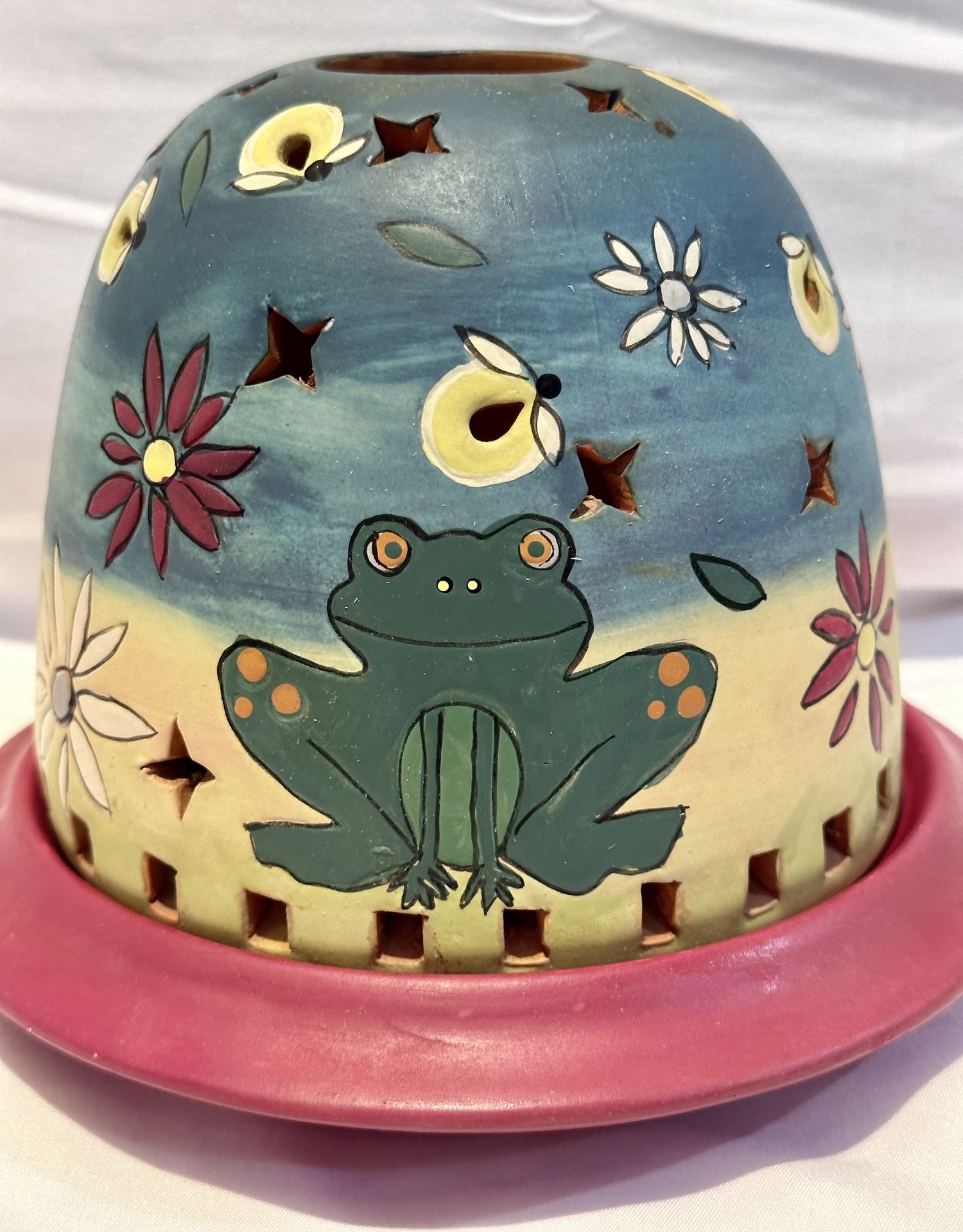 Rare Starry Light Frog Candle Holder Stoneware Large Pottery Bees Flowers
