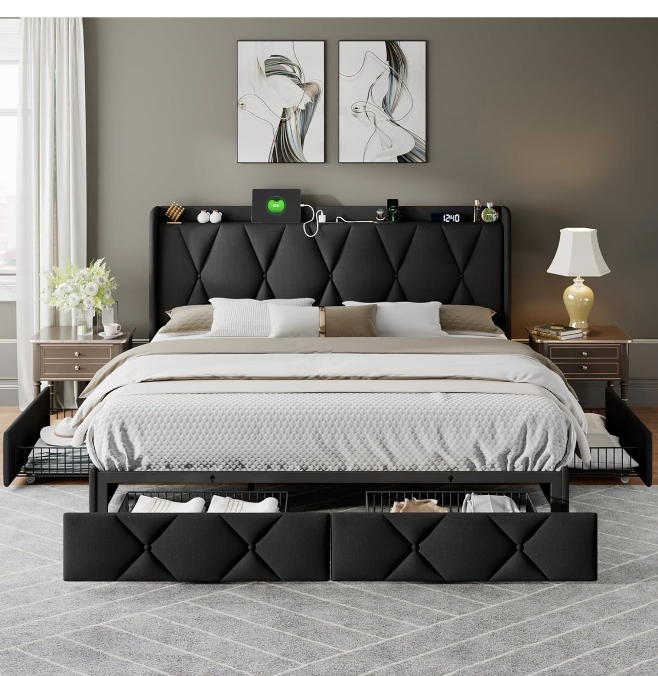 King Size Bed Frame with 4 Storage Drawers, Upholstered Platform Bed with Charging Station, Wingback Storage Headboard, Wooden Slats Support, Black