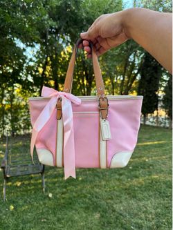 Vintage 2001 Coach Hampton Mini Market Tote - Pink Canvas & Leather Trim