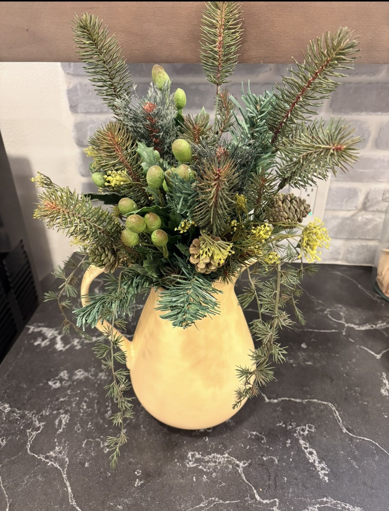 Country Christmas Artificial bouquet plant Greens in Pitcher - tHoliday Home Decor - Simi Valley