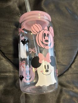 Disney Halloween 12 oz Glass Tumbler with Straw - Pink Mickey Pumpkin, Ghost & Minnie Bow