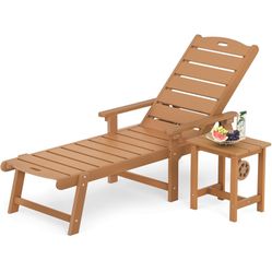 LUE BONA Chaise Lounge Chair with Table, 2-Piece, HDPS Chaise Lounger, 5 Positions Adjustable Lounge Chairs, Pool Lounge Chair with Wheels for Poolsid