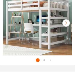 With Full Size Mattress! Modern White Wood Frame Full Size Loft Bed with Under-Bed Desk, Storage Shelves and Built-in Ladder