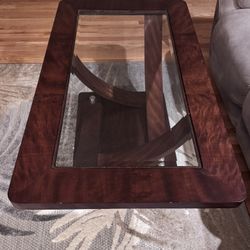 Modern Glass Top Coffee Table With Wheels - Solid Wood Base