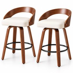 Set of 2 Modern Swivel Bar Stools with Cream PU Leather Seats – Walnut Wood Finish Counter Height Chairs