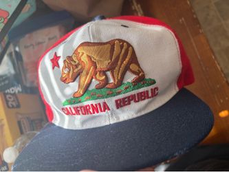 California Republic embroidered cap with gold bear, red star, and green grass design. Polyester. #ca