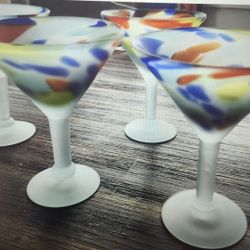 4 vintage Mexican hand blown confetti martini glasses