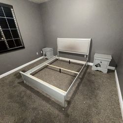 Grey/blue Queen bedroom set - frame and two end tables