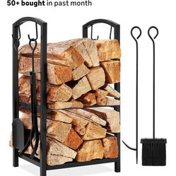 Firewood log storage rack with fireplace toolset holder