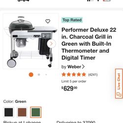 New Weber Performer Deluxe 22 in. Charcoal Grill in Green with Touch-N-Go Gas Ignition