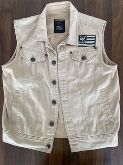 Denim vest with distressed American Flag patch and graphic, Size M. Unisex